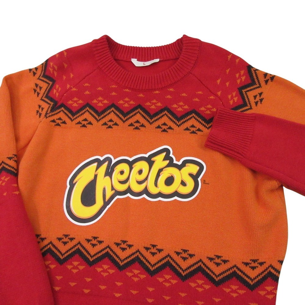Cheetos Womens Sweater L Orange Spellout Logo‎ Geometric Print Crew Neck Chunky